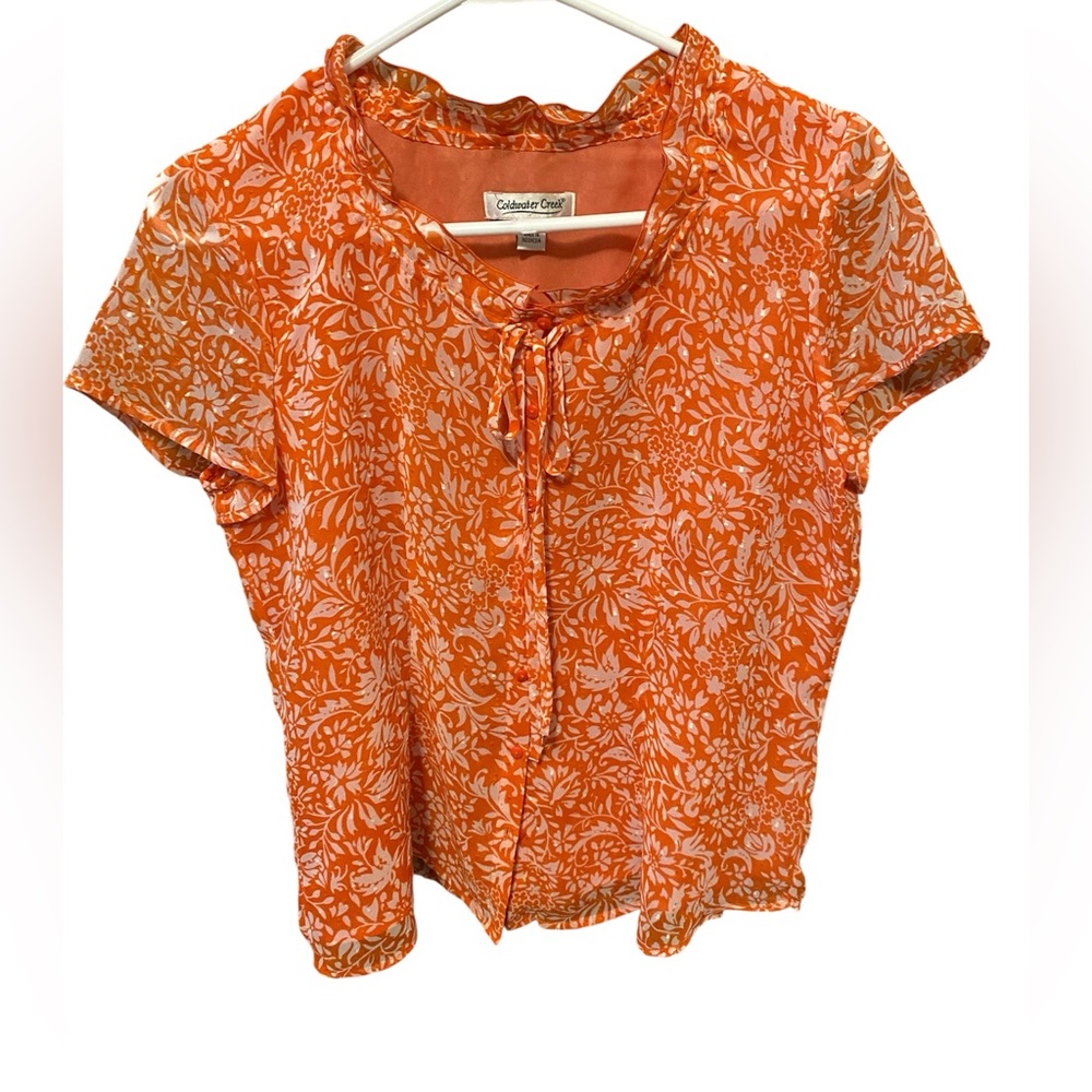 Coldwater Creek Orange Tie Front Ruffled Blouse